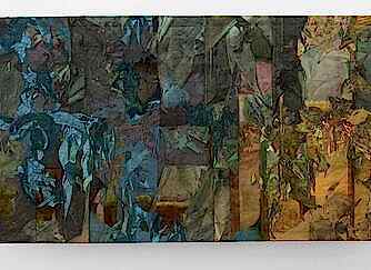 Painting by artist Nour Jaouda. The work is an abstract rendition that uses fabric dye and pigment on canvas and hung from a steel fixture.